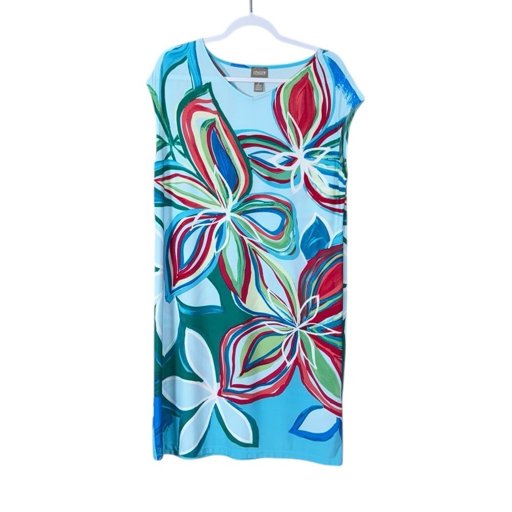 Chicos Floral Midi Dress Large Beachy Coastal Blue Resort Vacation Euro Summer - Picture 2 of 7